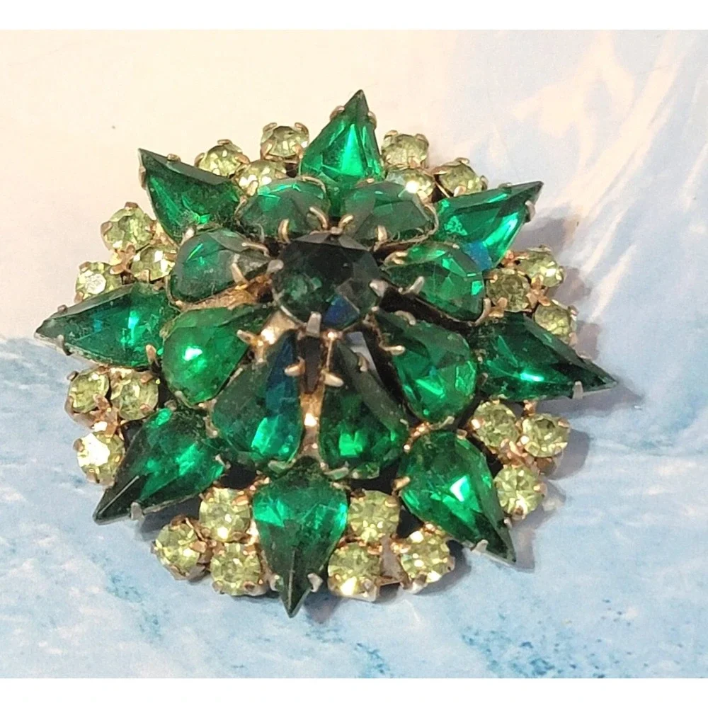 Vintage Large Green Rhinestone Brooch Pin, Mid-Century Layered Sparkly Glass